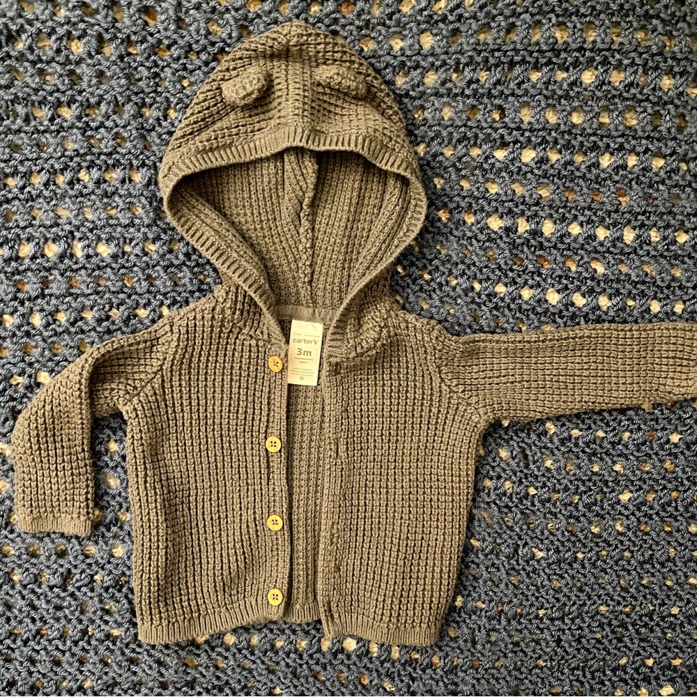 Carter’s Hooded Button-up Cardigan with Ears Size 3 month Girl Boy Neutral